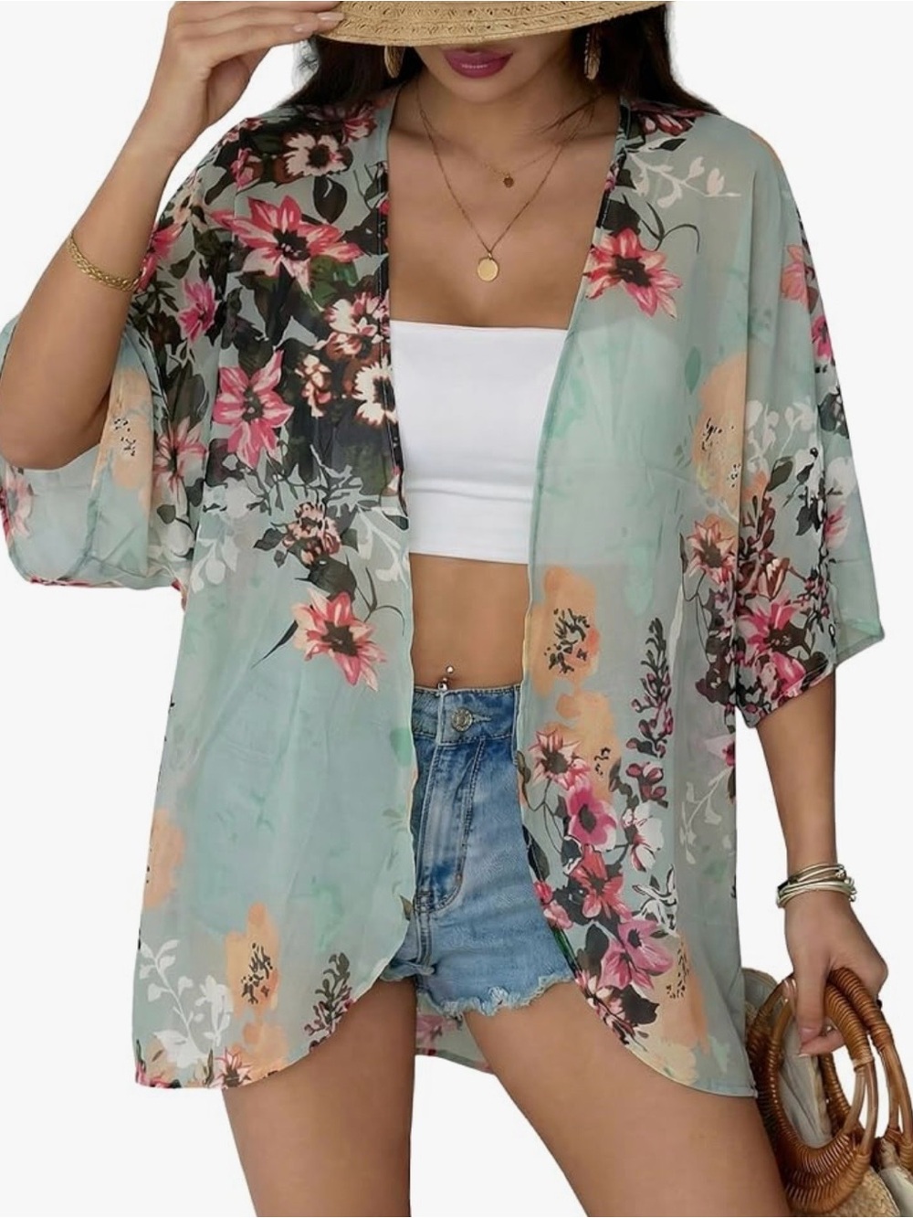 Vibrant Floral Open-Front Kimono OS